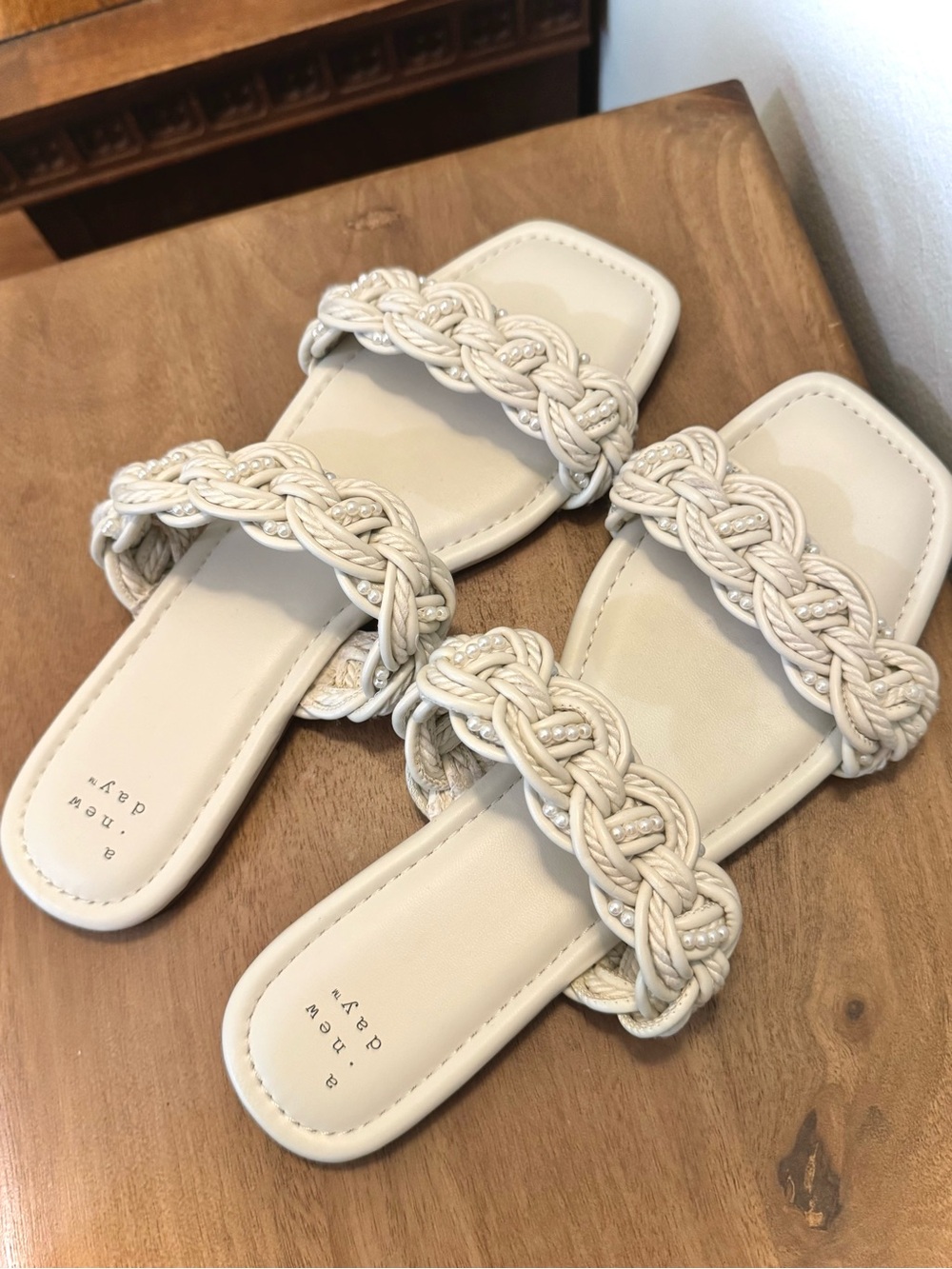 Pearl Braided Double-Strap Slide Sandals